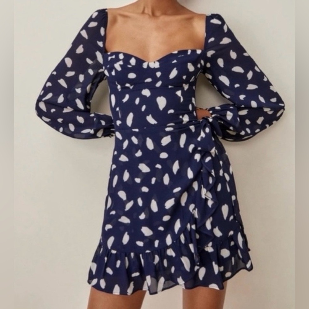 Reformation Cammi Mini Dress Splatter Print Navy/White size 0